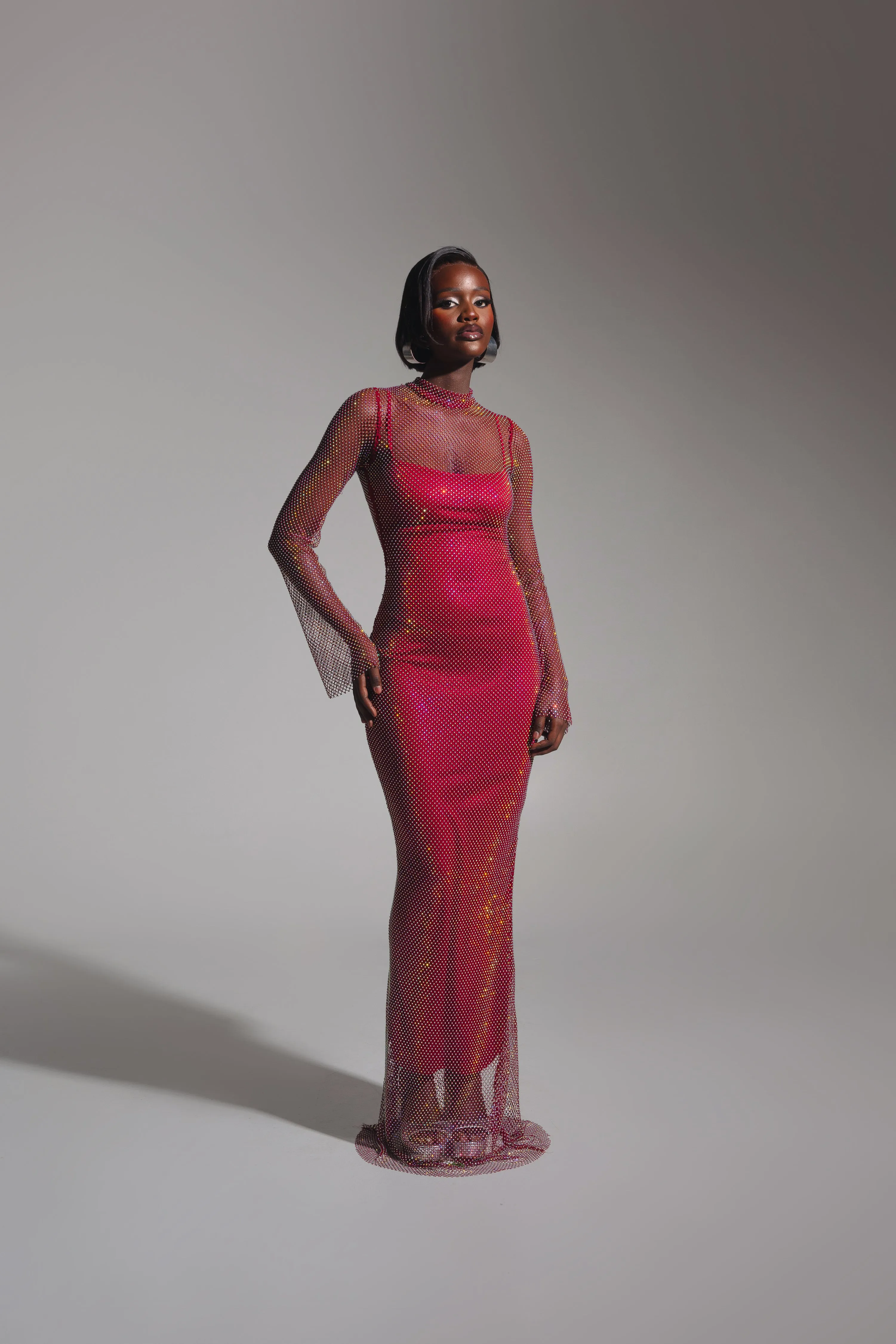 SASHA Rhinestone Maxi Dress in Burgundy
