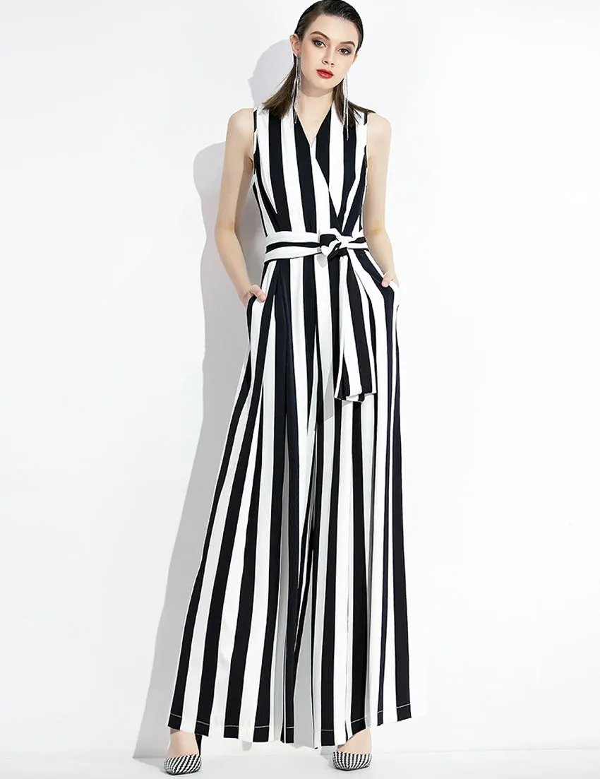 SCANDINAVIA-Sleeveless Stripe Wide Leg Jumpsuit