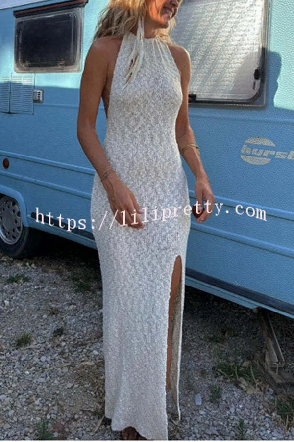 Sexy Backless Halter Neck Slim High Slit Knit Maxi Dress