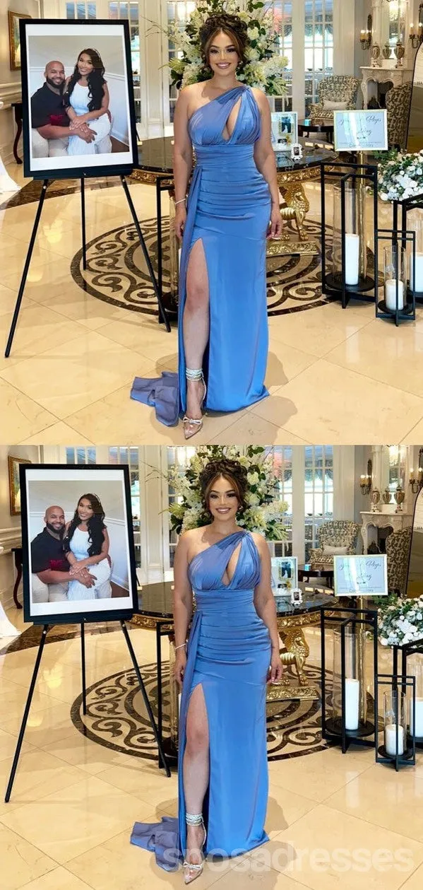 Sexy Blue Mermaid One Shoulder Side Slit Maxi Long Bridesmaid Dresses For Wedding Party,WG1856