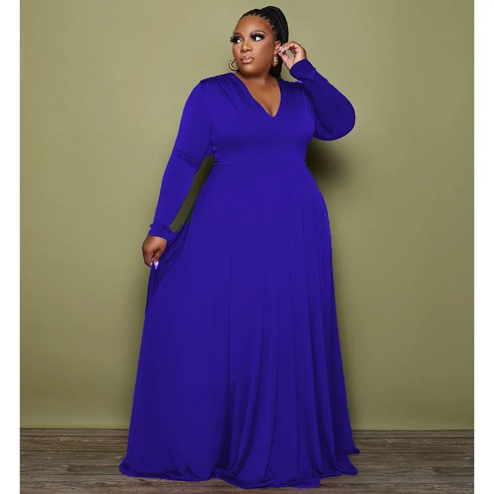 Sexy Solid Color V Neck Long Sleeved Elegant Loose Maxi Evening Dresses Fashion High Waist Plus Size Women Clothing Wholesale