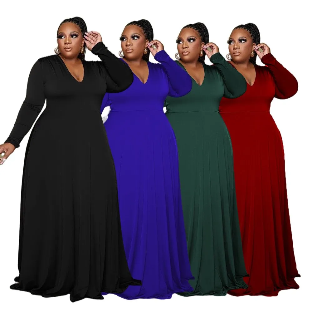 Sexy Solid Color V Neck Long Sleeved Elegant Loose Maxi Evening Dresses Fashion High Waist Plus Size Women Clothing Wholesale