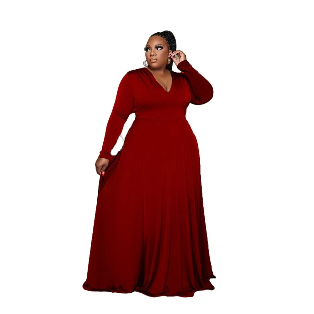 Sexy Solid Color V Neck Long Sleeved Elegant Loose Maxi Evening Dresses Fashion High Waist Plus Size Women Clothing Wholesale