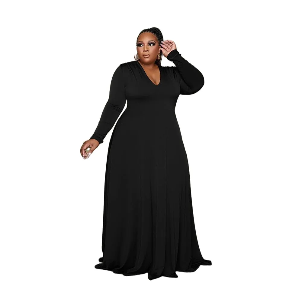 Sexy Solid Color V Neck Long Sleeved Elegant Loose Maxi Evening Dresses Fashion High Waist Plus Size Women Clothing Wholesale