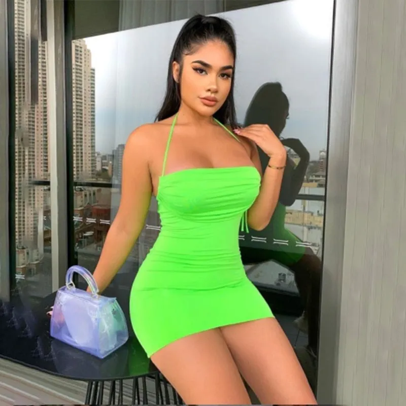 Sexy Woman Solid Color Slim Fit Party Club Dress in White Black Orange Green
