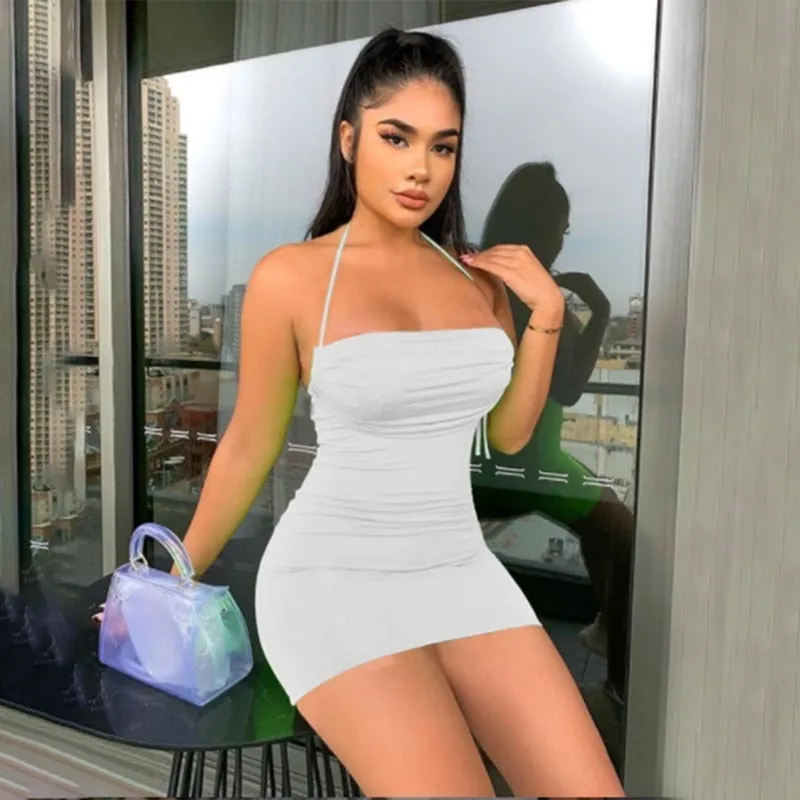 Sexy Woman Solid Color Slim Fit Party Club Dress in White Black Orange Green