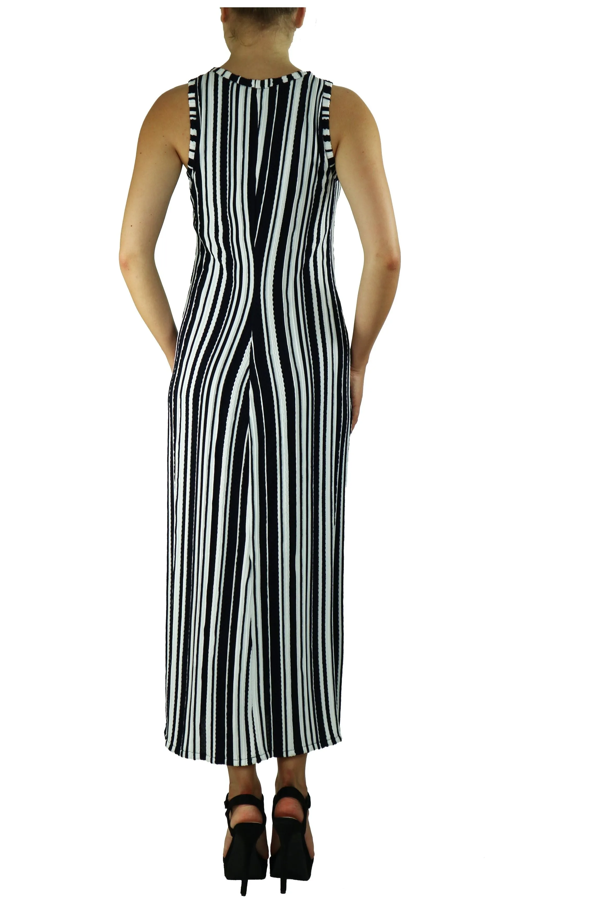 SIBEL Sleeveless Crew Neck Vertical Stripe Maxi Dress with Slits
