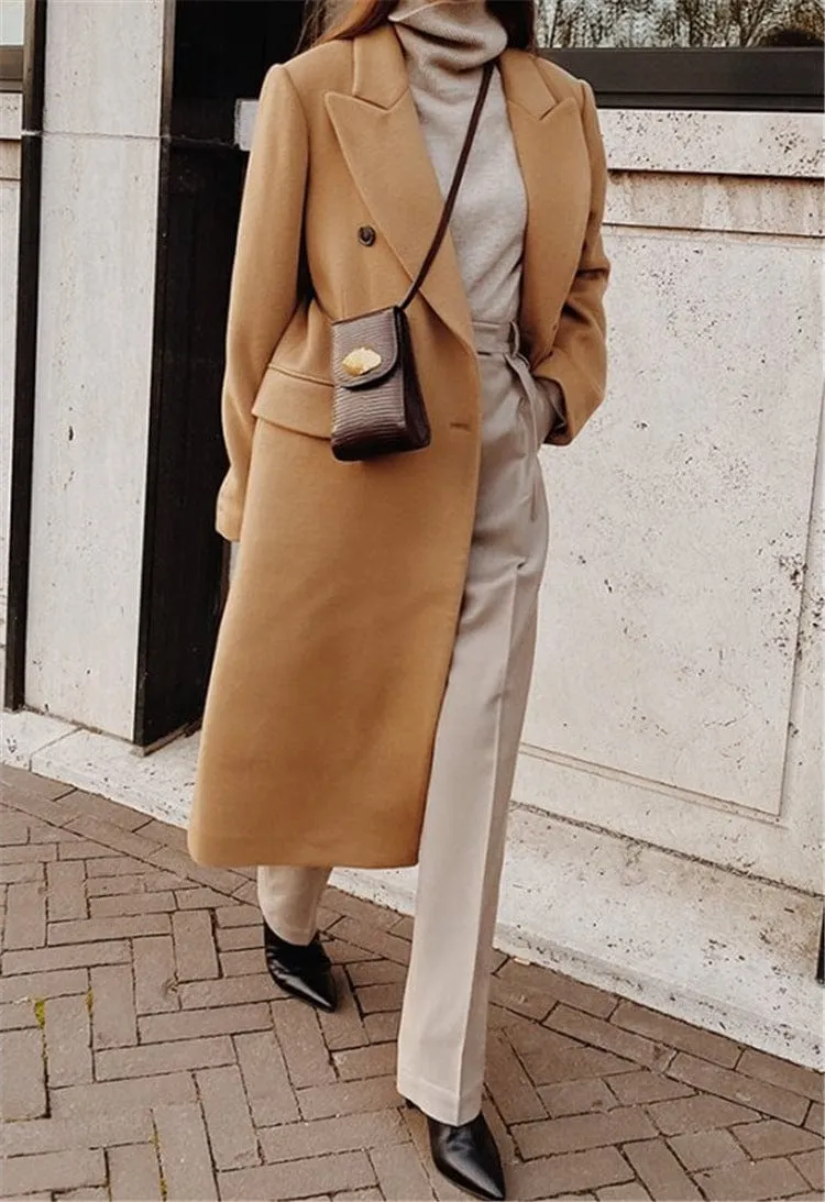 Simple Woollen Cardigan Flap Pockets Overcoat Loose Long Casual Woollen Jacket