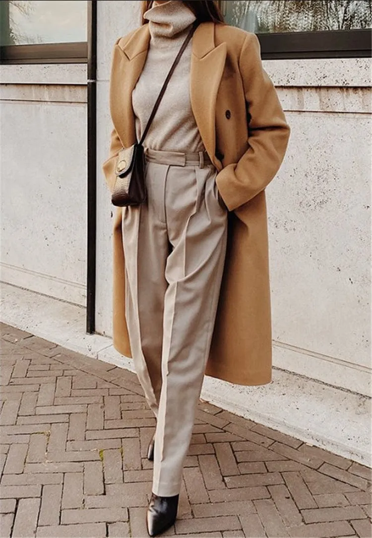 Simple Woollen Cardigan Flap Pockets Overcoat Loose Long Casual Woollen Jacket