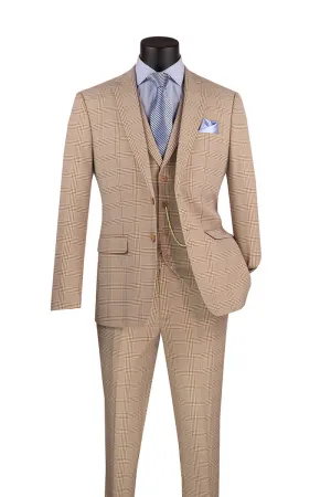 Slim Fit Suit Windowpane 3 Piece with Vest Beige SV2W-6
