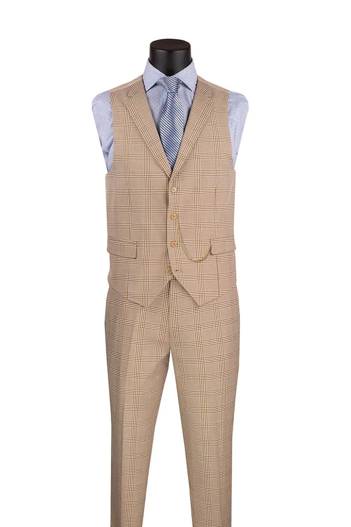 Slim Fit Suit Windowpane 3 Piece with Vest Beige SV2W-6
