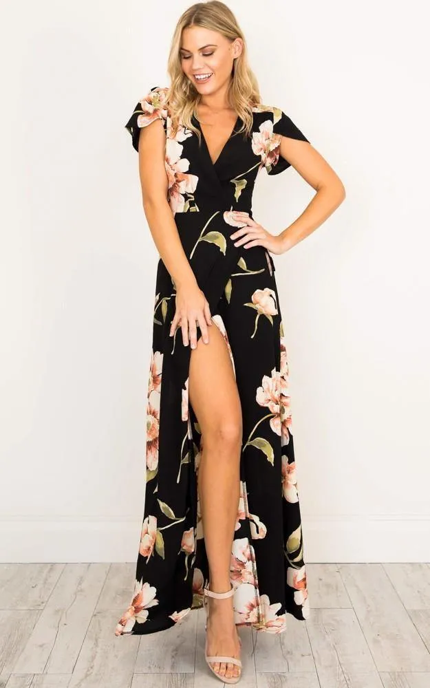 Summer Short Sleeves V Neck Long Dresses