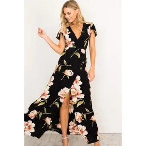 Summer Short Sleeves V Neck Long Dresses