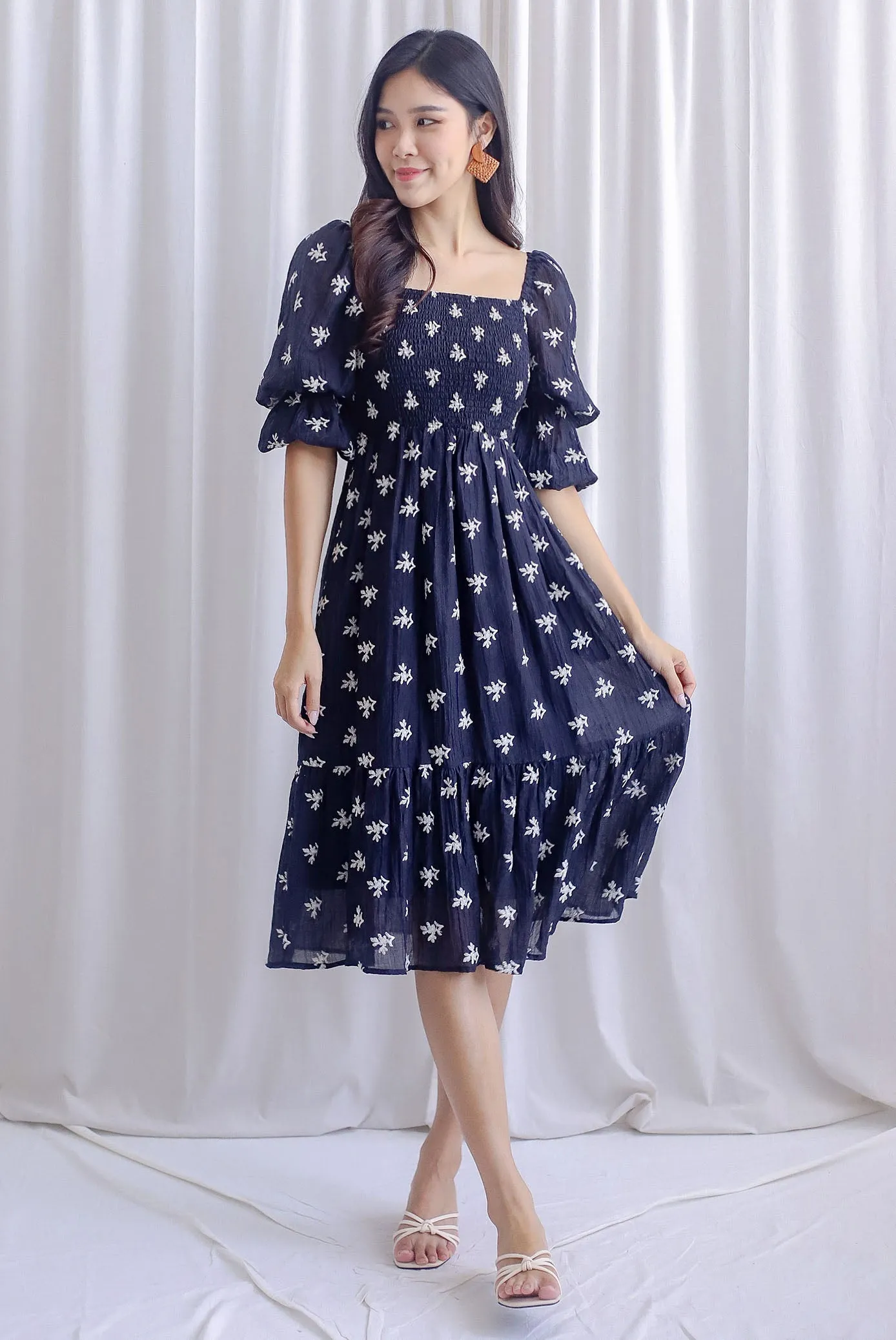 TDC Basha Tiered Puffy Sleeve Maxi Dress In Black Embro