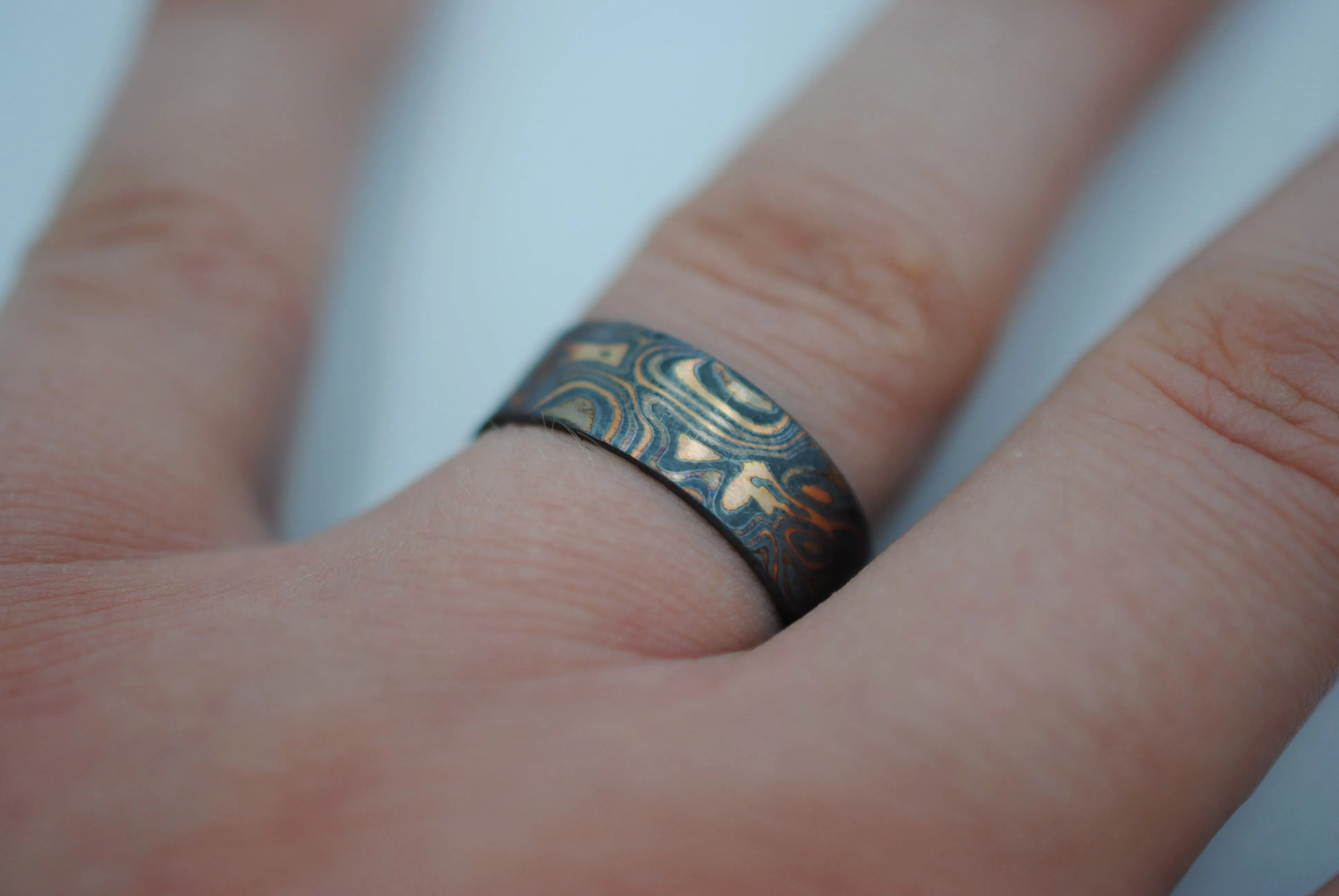 Three Tone Gold Mokume Gane Patina Mens Band