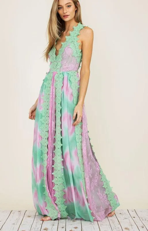 TIE DYE LACE TRIM MAXI DRESS