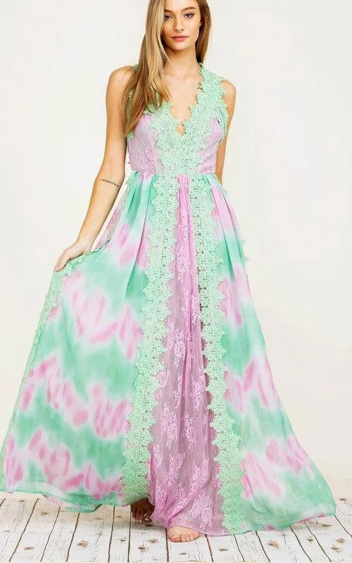 TIE DYE LACE TRIM MAXI DRESS