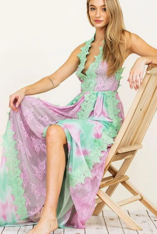TIE DYE LACE TRIM MAXI DRESS