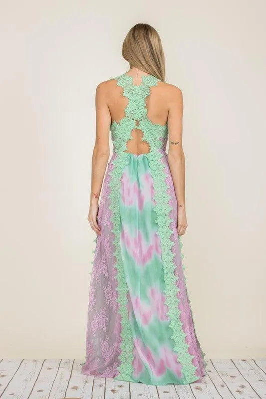 TIE DYE LACE TRIM MAXI DRESS