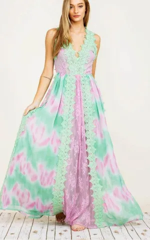 TIE DYE LACE TRIM MAXI DRESS