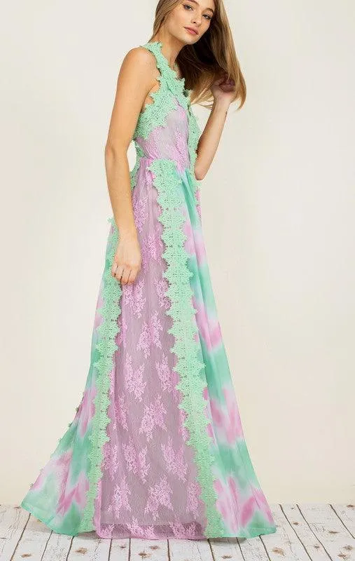 TIE DYE LACE TRIM MAXI DRESS