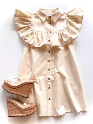 TS3042 cream button down ruffle sleeve mini dress