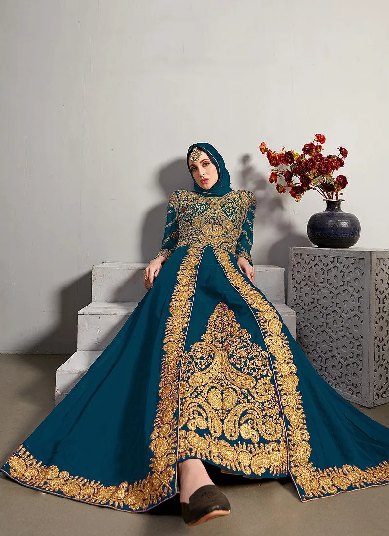 Turquoise Embroidered Designer Anarkali Suit