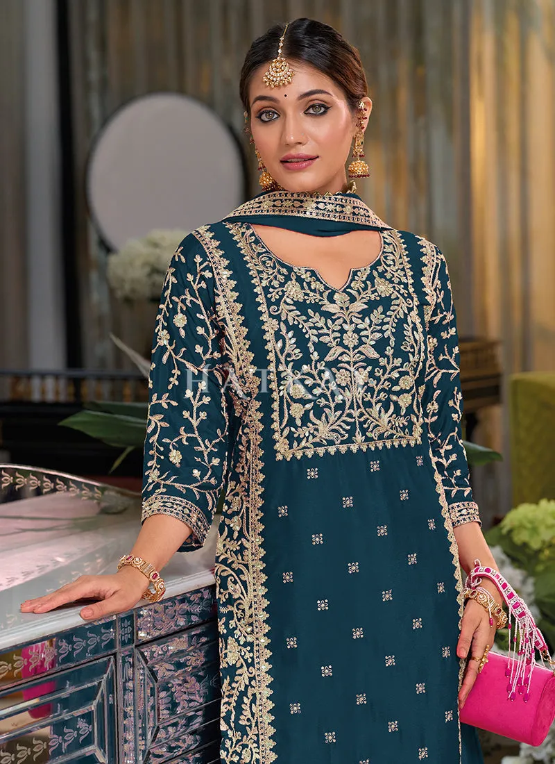 Turquoise Embroidered Palazzo Suit