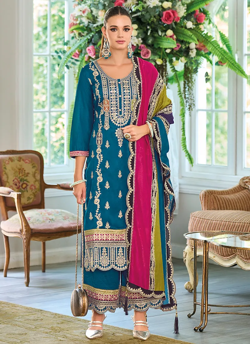 Turquoise Multicolored Traditional Embroidery Pant Style Suit