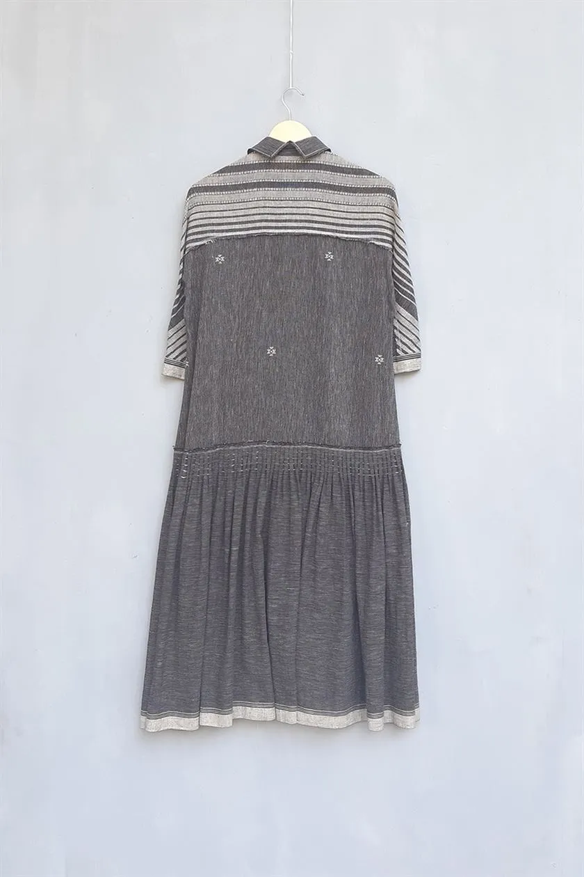 Urvashi Kaur   I   Xinyi SHIRT DRESS MERIDIAN DRESS hand spun cotton jamdani slate TESSELLATE- 105
