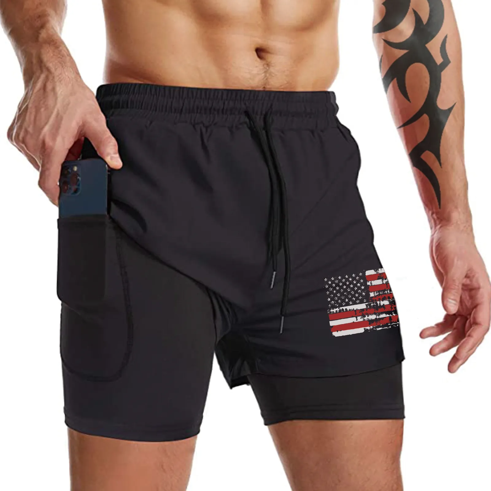 USA FLAG QUICKDRY POCKET 2 IN 1 7'' INSEAM RUNNING SHORTS