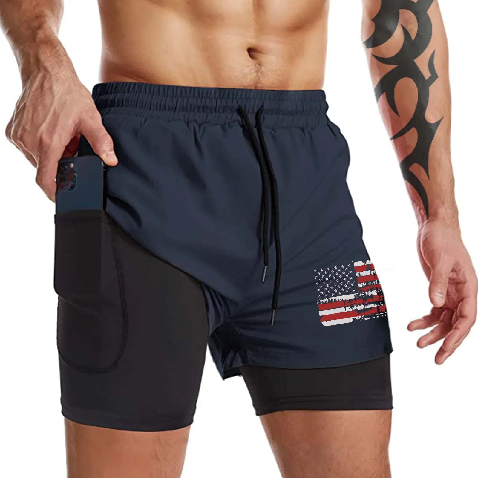 USA FLAG QUICKDRY POCKET 2 IN 1 7'' INSEAM RUNNING SHORTS