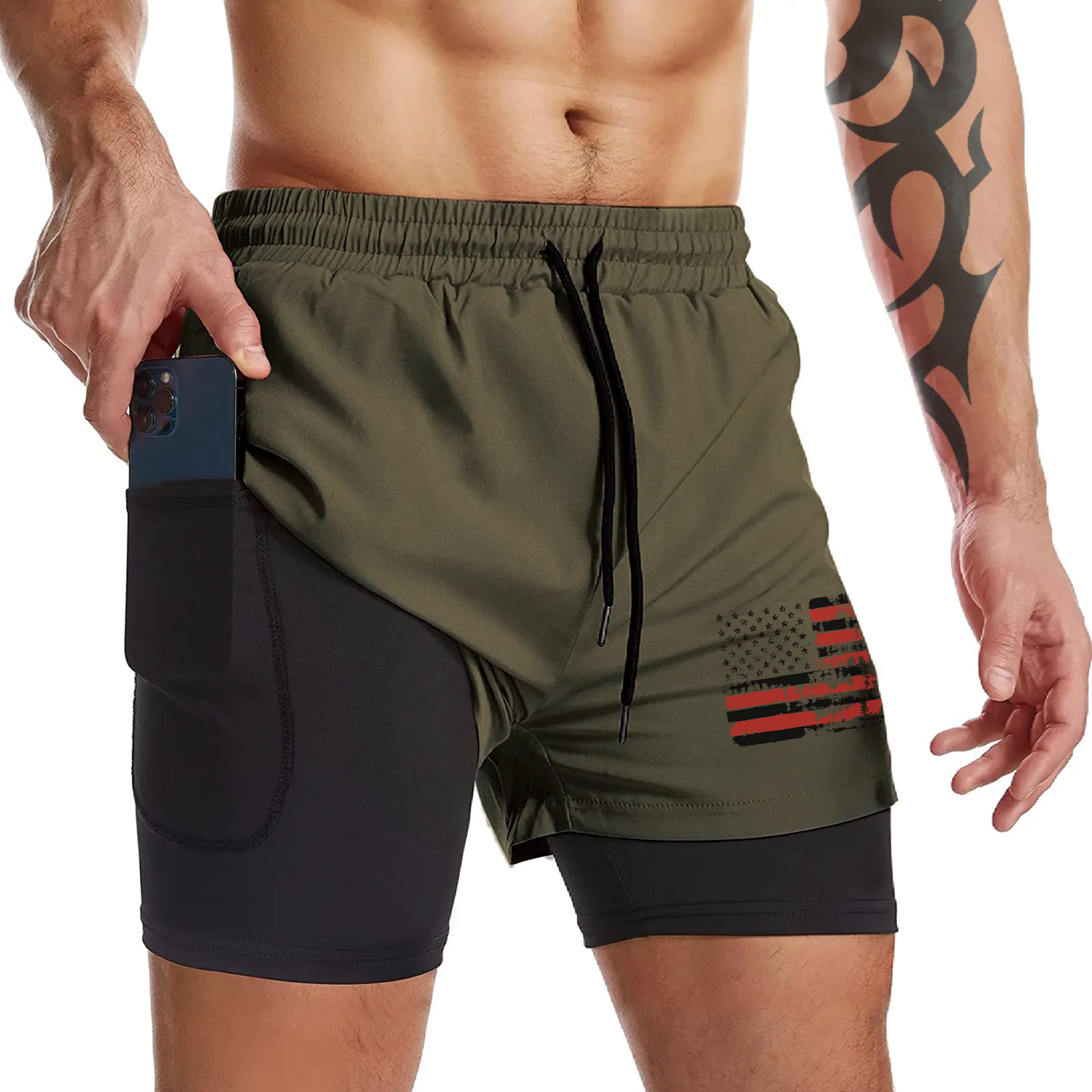 USA FLAG QUICKDRY POCKET 2 IN 1 7'' INSEAM RUNNING SHORTS