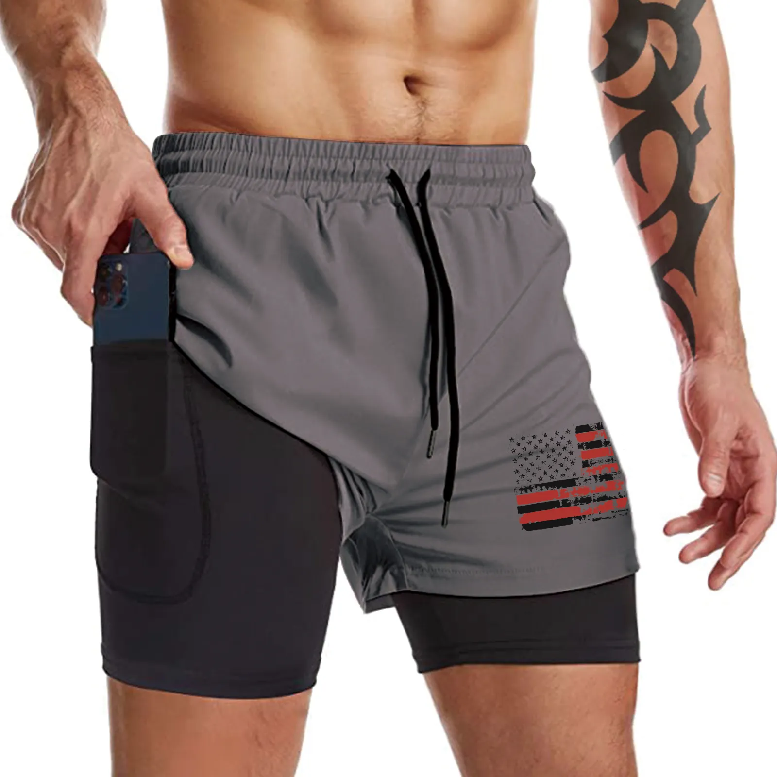 USA FLAG QUICKDRY POCKET 2 IN 1 7'' INSEAM RUNNING SHORTS
