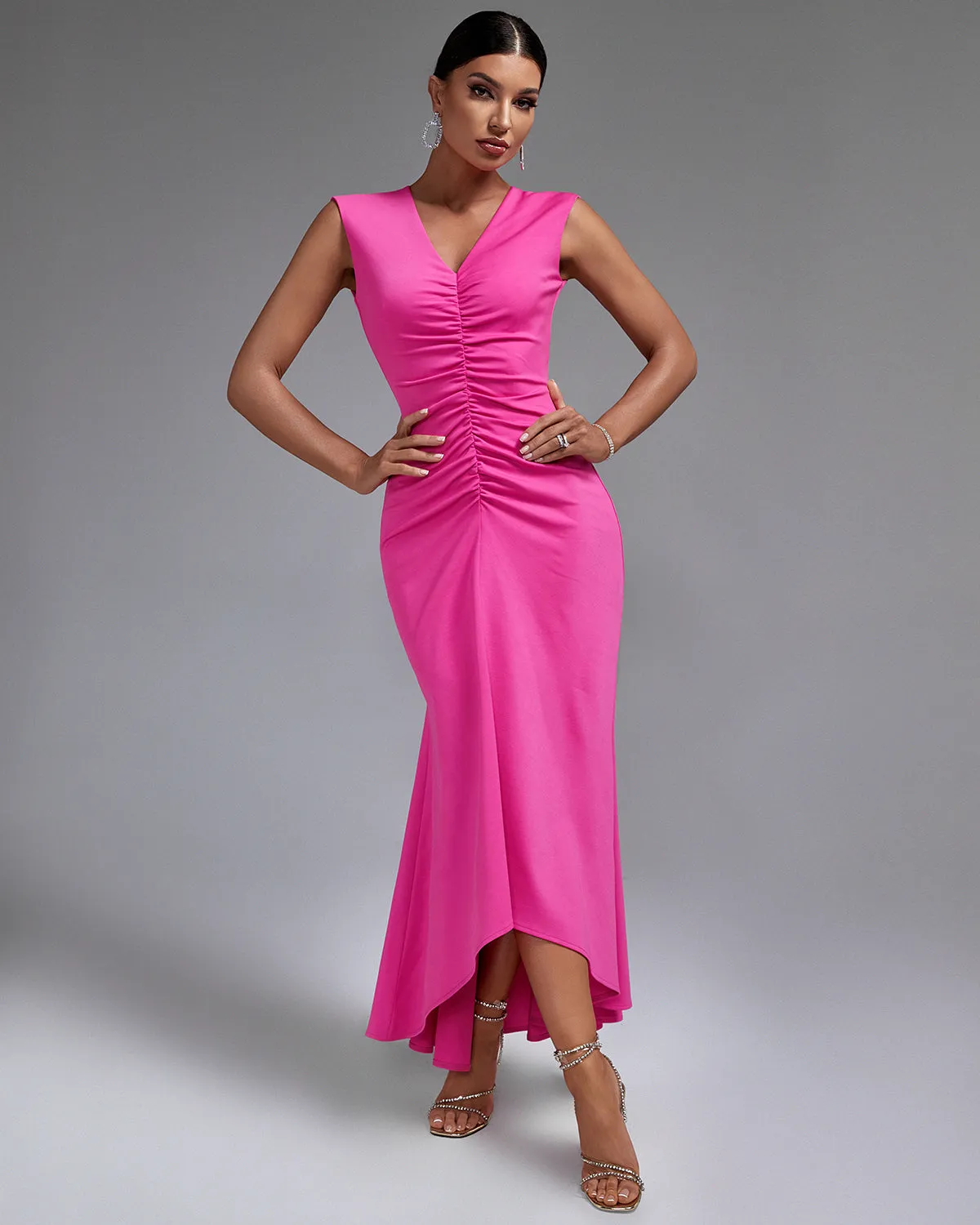 V-neck Fishtail Frill Maxi Dress