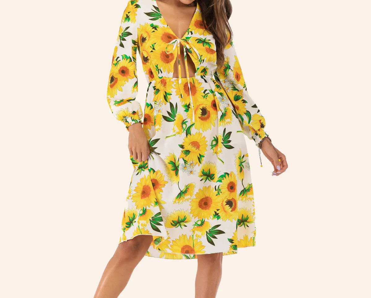 V-neck Lace-up Belly Long-sleeved Sun Flower Dress