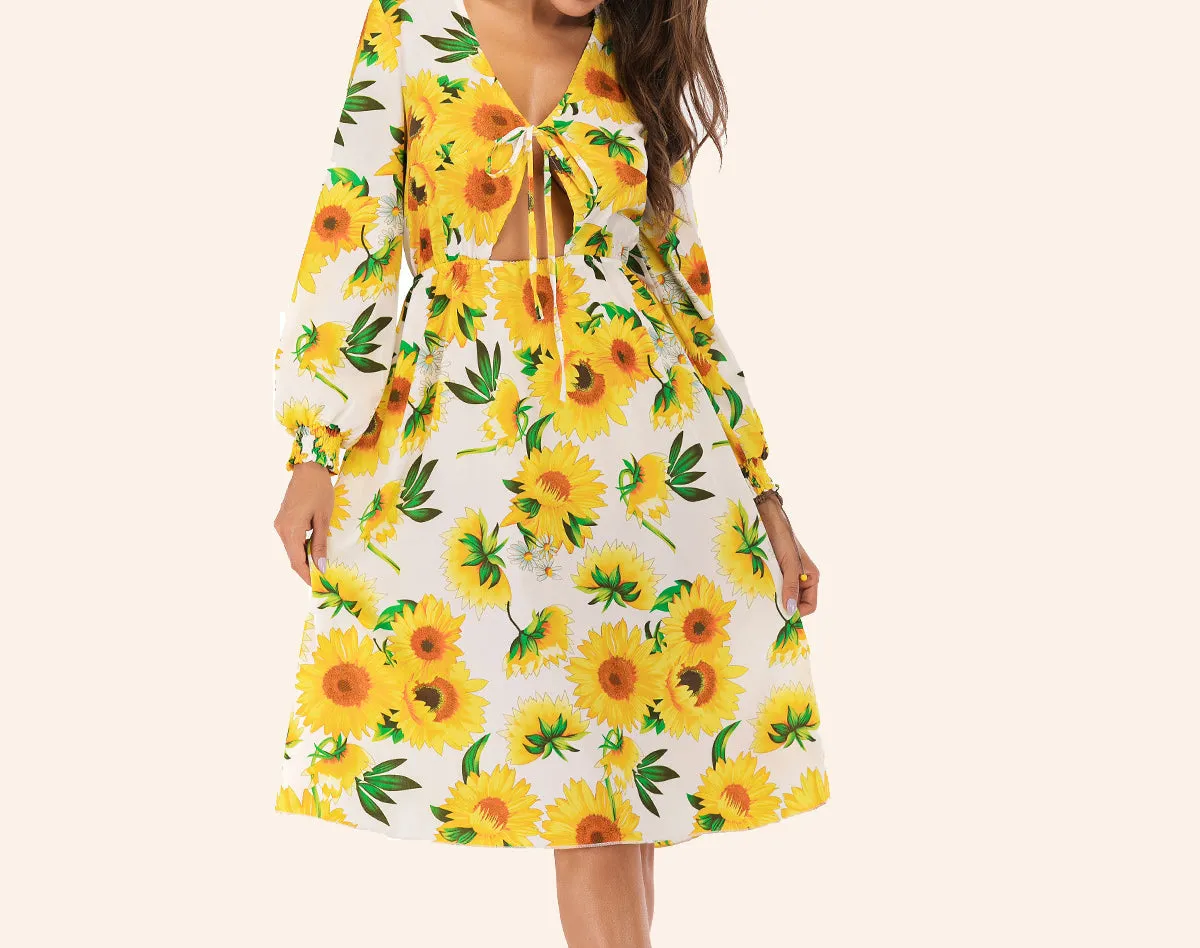 V-neck Lace-up Belly Long-sleeved Sun Flower Dress