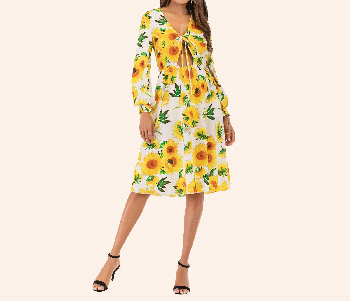 V-neck Lace-up Belly Long-sleeved Sun Flower Dress