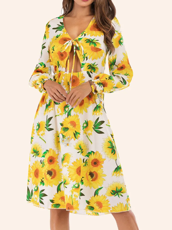 V-neck Lace-up Belly Long-sleeved Sun Flower Dress