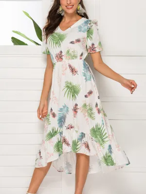 V-neck Short-sleeved Waist Irregular Dress