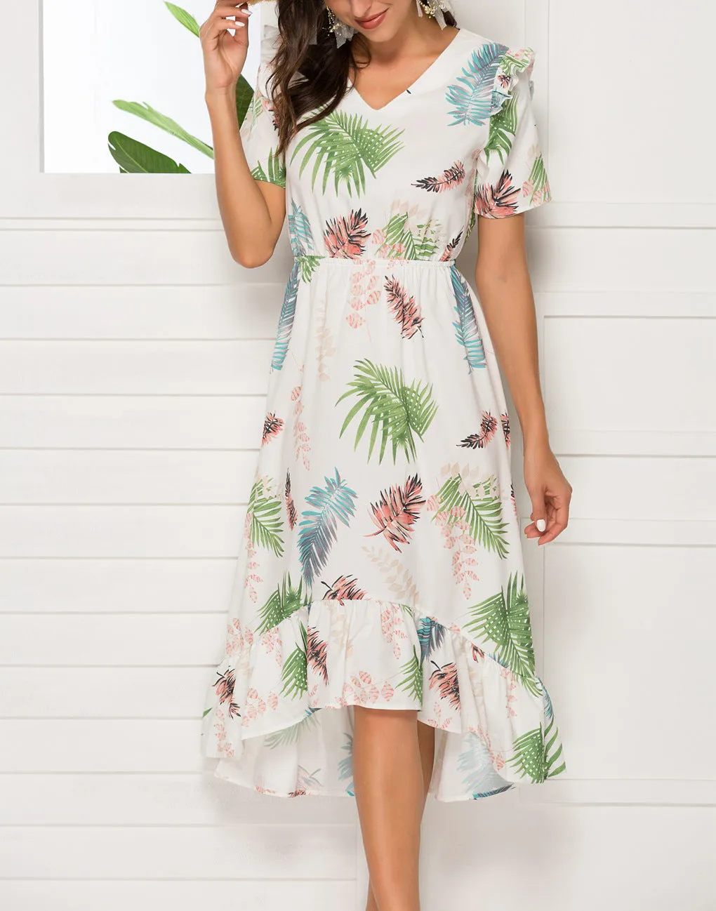 V-neck Short-sleeved Waist Irregular Dress