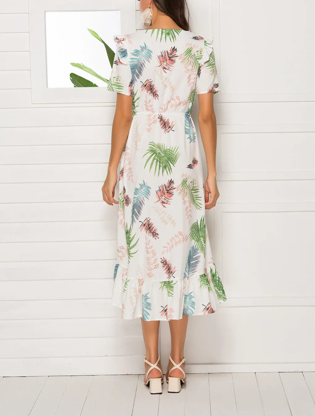 V-neck Short-sleeved Waist Irregular Dress