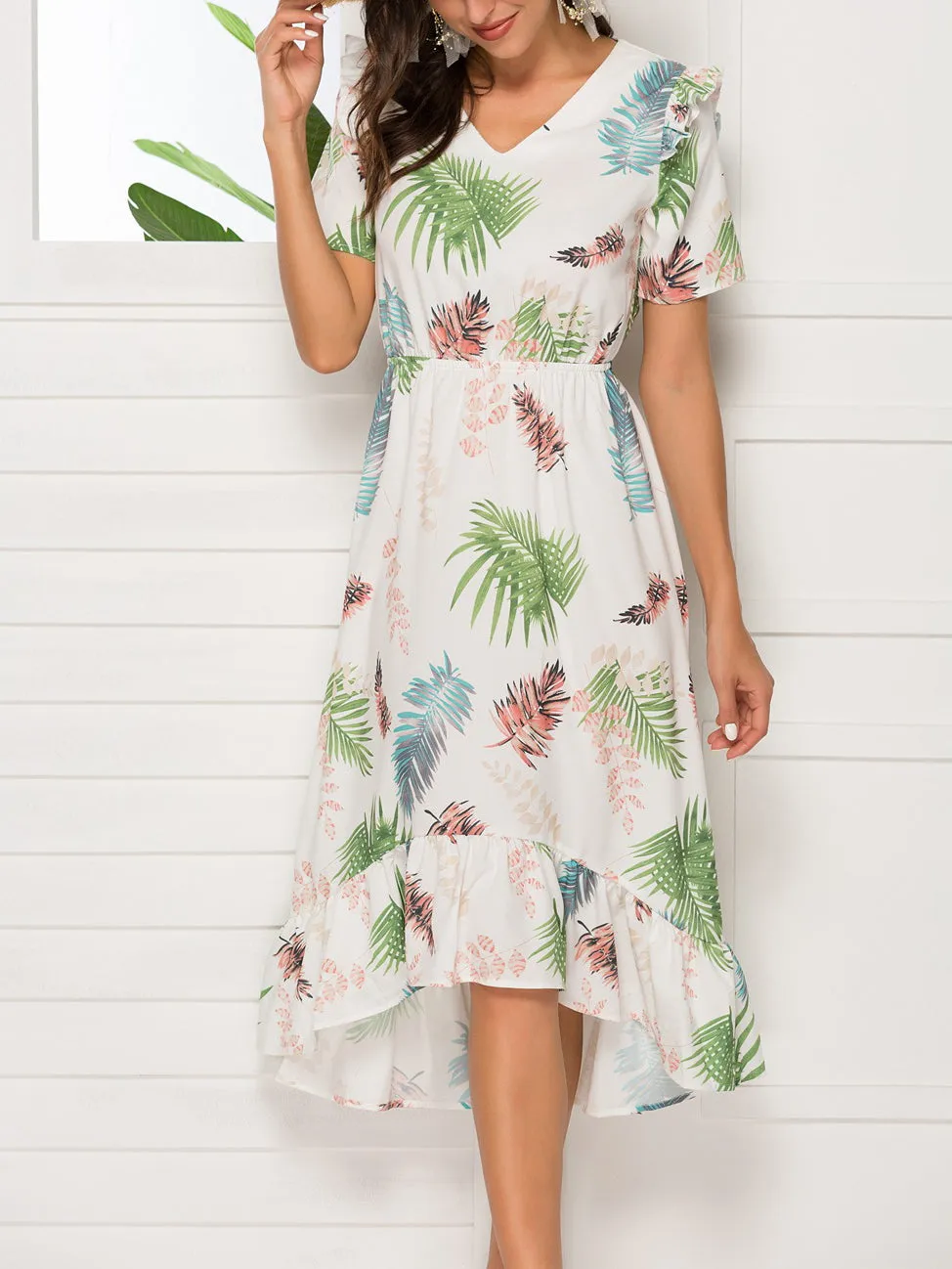 V-neck Short-sleeved Waist Irregular Dress