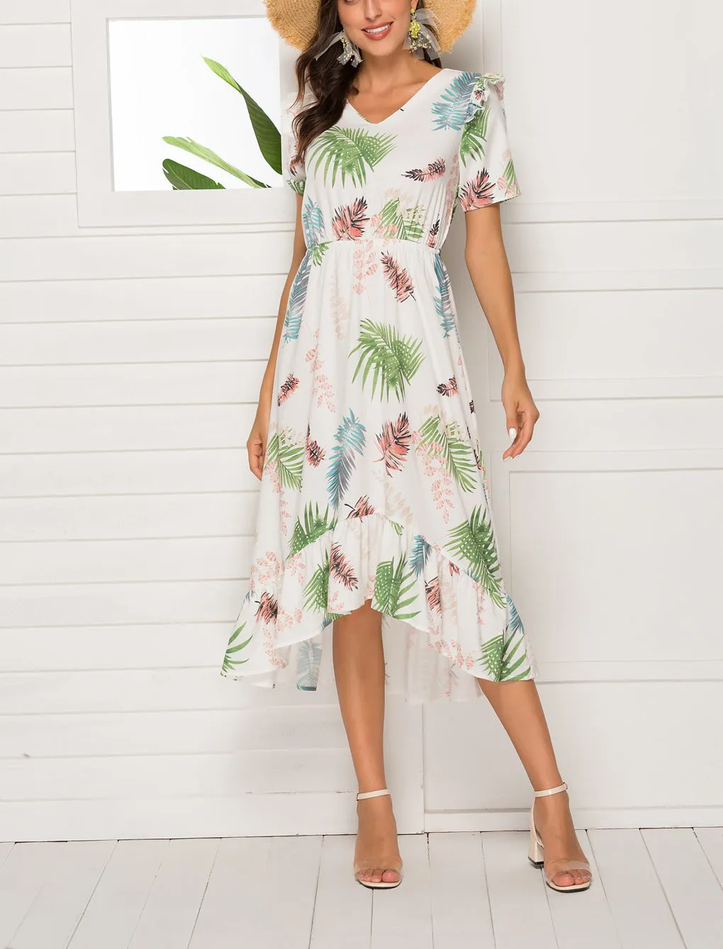V-neck Short-sleeved Waist Irregular Dress
