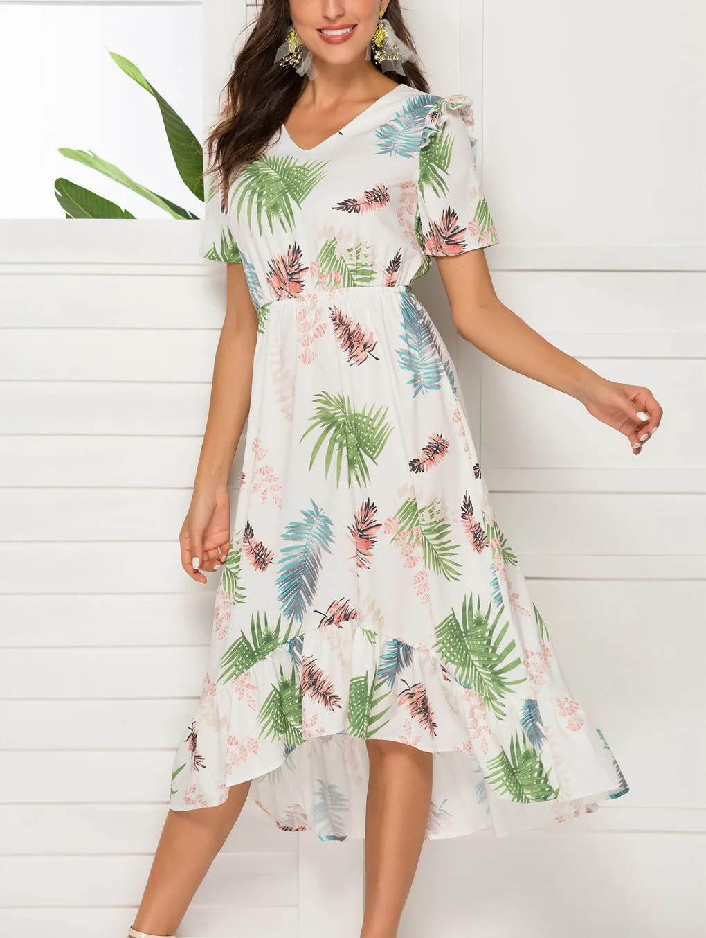 V-neck Short-sleeved Waist Irregular Dress