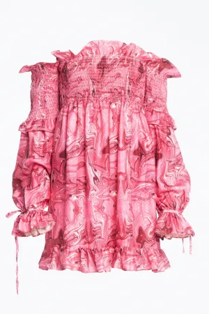 VENUS OFF-THE-SHOULDER SMOCKED CHARMEUSE MINI DRESS