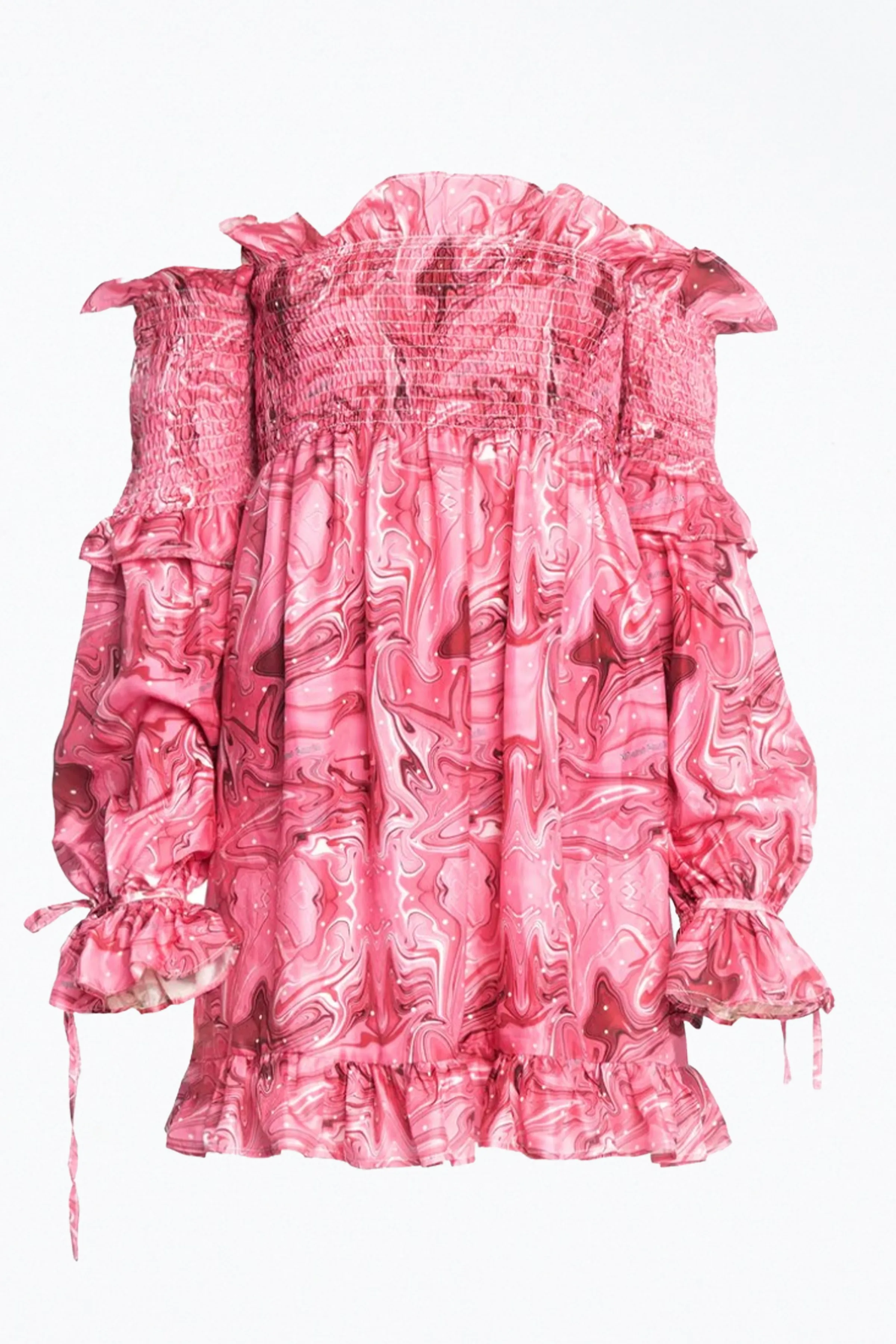VENUS OFF-THE-SHOULDER SMOCKED CHARMEUSE MINI DRESS