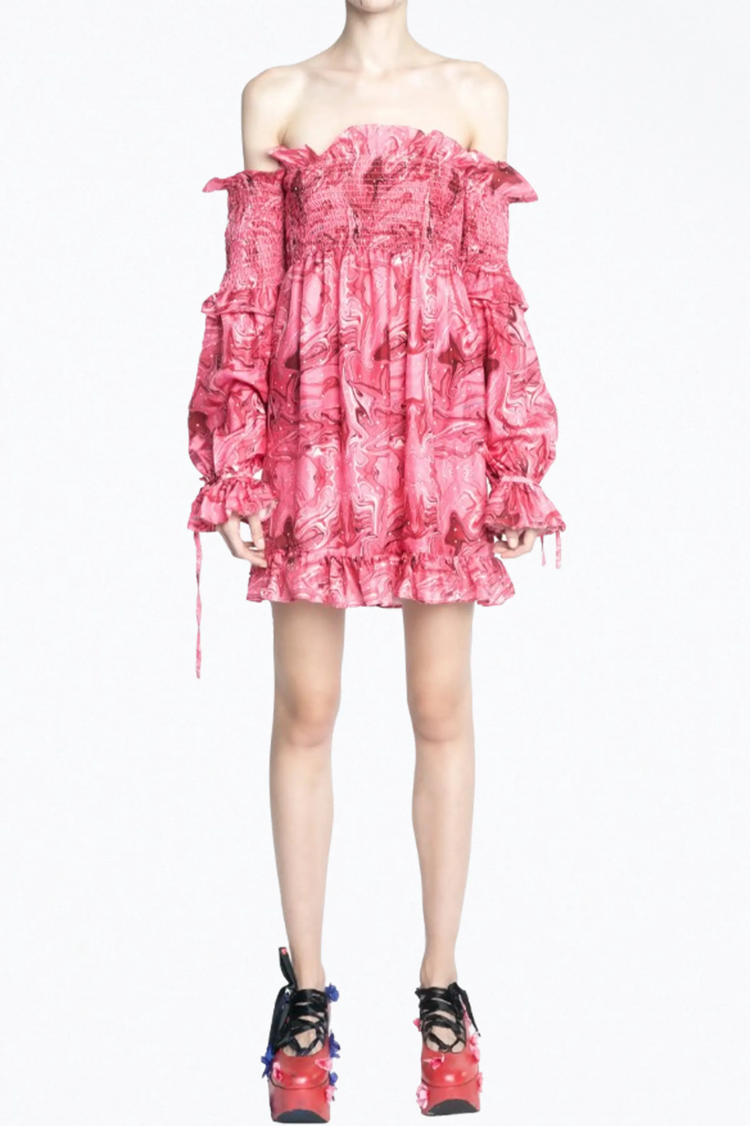VENUS OFF-THE-SHOULDER SMOCKED CHARMEUSE MINI DRESS
