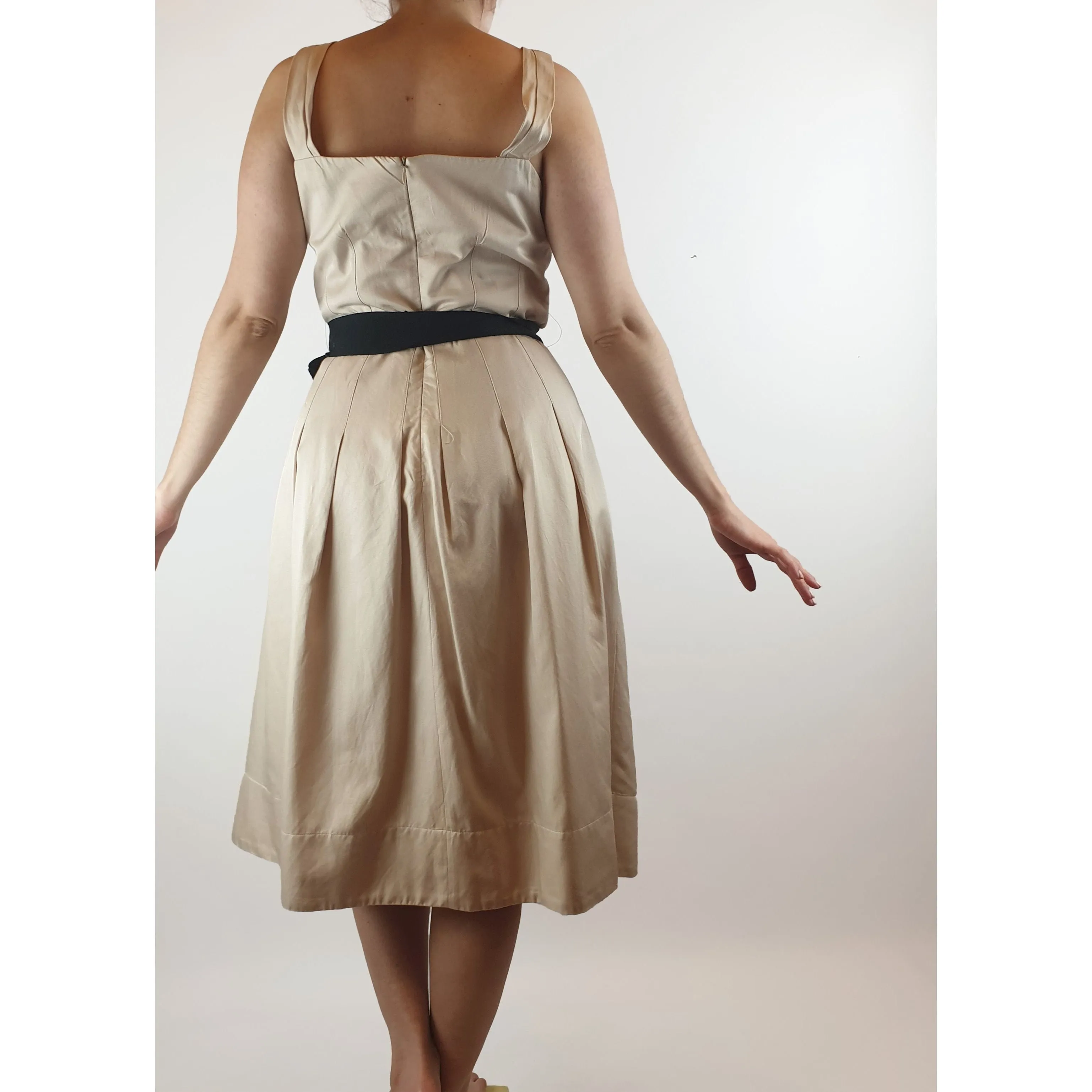 Veronica Maine cream sleeveless dress with contrasting black ribbon waist tie size 10