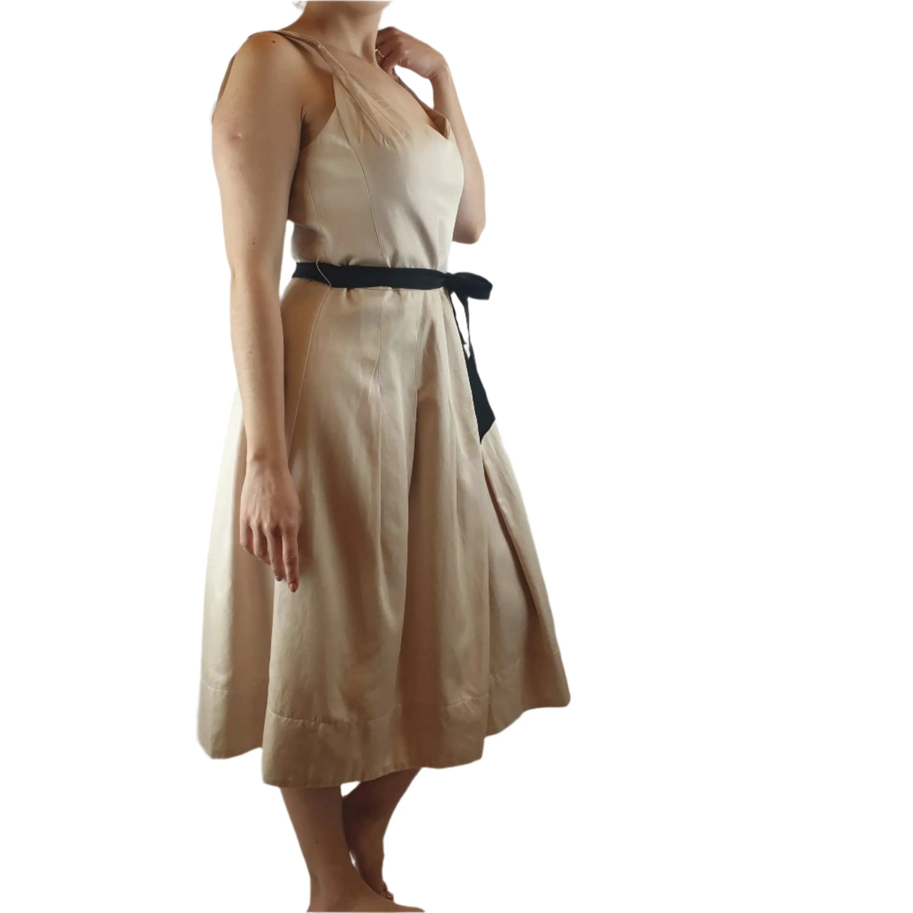 Veronica Maine cream sleeveless dress with contrasting black ribbon waist tie size 10